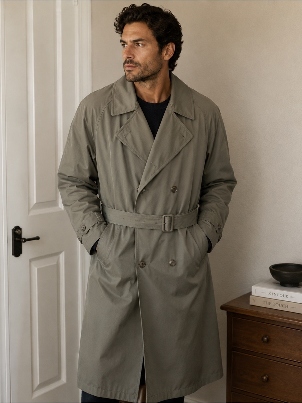 Mens Olive Trench Coat with Belt